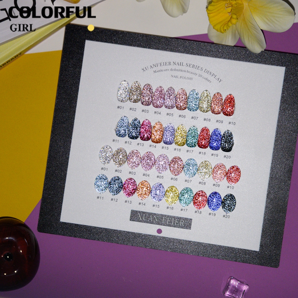 XUANFEIER 20 สี ·สีเจลแฟลช  ประกายทรายดาว · คอลเลกชันสีเจลกลิตเตอร์ความหนาแน่นสูง  (ทามาให้แล้ว พร้อมใช้งาน) Flash Gel