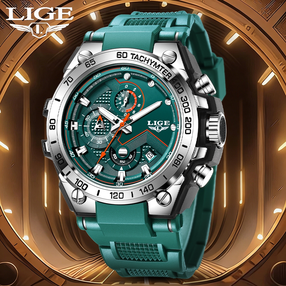 LIGE นาฬิกาส่องสว่าง Original Men Unisex กีฬาซิลิโคนกันน้ําป้องกันสนิมนาฬิกาข้อมือโครโนกราฟนาฬิกาควอทซ์