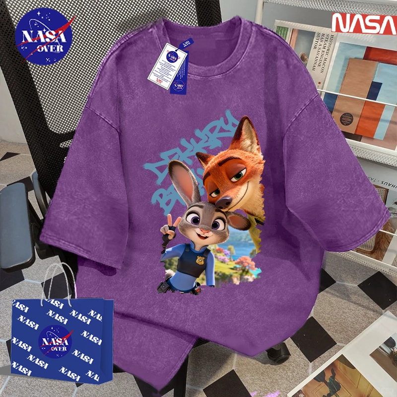 【จัดส่งจากกรุงเทพฯ】 NASA Zootopia ลายการ์ตูน  ฤดูร้อน ผ้าฝ้ายแท้100% oversize แขนสั้น ยูนิเซ็กส์ ลำลอง เทรนด์ สีฟอกม่วง เสื้อYG3592 – โปรปัง