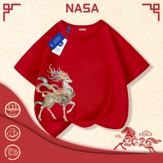 【รุ่นพิเศษปีม้า】เสื้อยืดแขนสั้นเด็ก NASA ผ้าฝ้ายสีแดงนุ่มสบา…