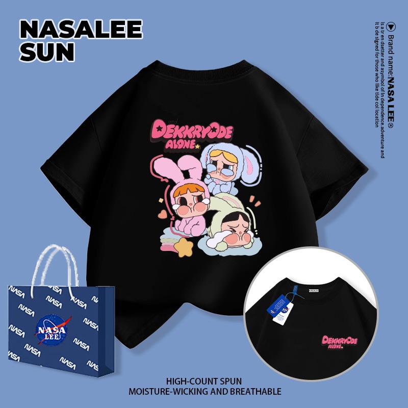 【จัดส่งวันเดียวกัน】เสื้อยืดแขนสั้นเด็ก NASA ผ้าฝ้ายสีดำนุ่มสบาย ลายพิมพ์พาวเวอร์พัฟฟ์เกิลส์ (The Powerpuff Girls) สำหรับเด็กชาย-เด็กหญิงอายุ 3-16 ปี เสื้อยืดสวมใส่สบายปีใหม่