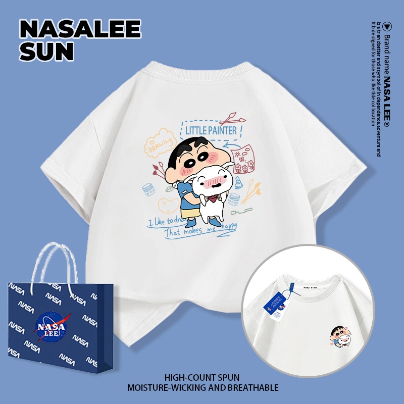 【จัดส่งวันเดียวกัน】เสื้อยืดแขนสั้นเด็ก NASA ผ้าฝ้ายสีขาวนุ่มสบาย ลายพิมพ์ชินจัง (Crayon Shin-chan) สำหรับเด็กชาย-เด็กหญิงอายุ 3-16 ปี เสื้อยืดสวมใส่สบายปีใหม่