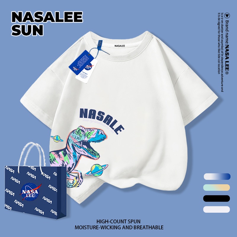 【จัดส่งวันเดียวกัน】เสื้อยืดแขนสั้นเด็ก NASA ผ้าฝ้ายสีขาวนุ่มสบาย ลายไดโนเสาร์เรืองแสง สำหรับเด็กชาย-เด็กหญิงอายุ 3-16 ปี เสื้อยืดสวมใส่สบายปีใหม่