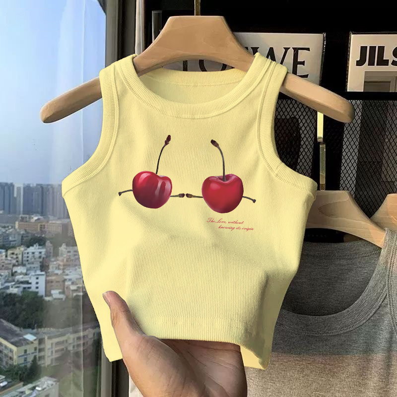 NFV ออกแบบต้นฉบับ✨ลายพิมพ์เชอร์รี่สองลูก สไตล์อเมริกัน เสื้อกล้ามไม่มีแขนทรงเข้ารูปแนวชิคผู้หญิง YG2118