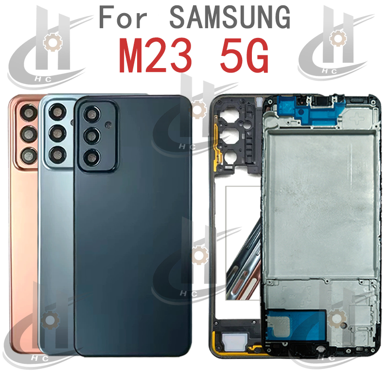 สําหรับ Samsung Galaxy M23 5G M236 แบตเตอรี่ฝาหลังกรอบกลาง + ปุ่ม + กรอบด้านหน้า LCD + เลนส์กล้อง