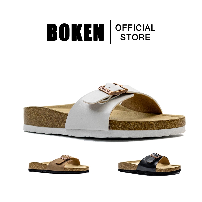 BOKEN รองเท้าแตะ Mules สำหรับผู้หญิงและผู้ชาย ทำจากหนังพรีเมียมและ Cork Slides สไตล์สบายๆ เหมาะสำหรับใส่ลำลอง (สีขาว/ดำ/กากี)
