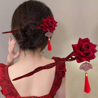 ปิ่นปักผมดอกกุหลาบสีแดงสไตล์วินเทจสำหรับผู้หญิง รุ่นใหม่แฟชั…