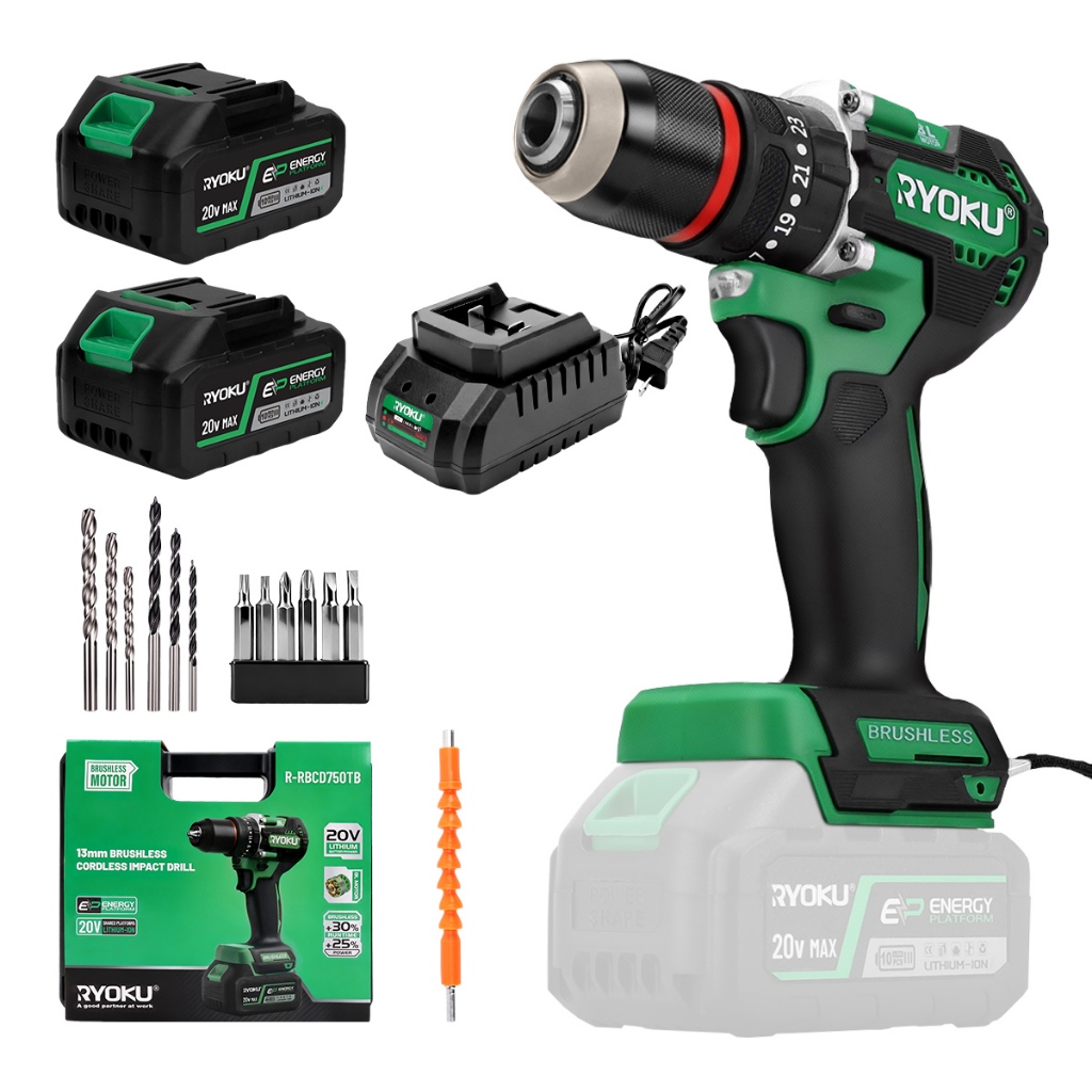 RYOKU สว่านไร้สาย 13MM แบบกระแทก ไม่มีแปรงถ่าน พร้อมแบตเตอรี่ 2 ก้อน