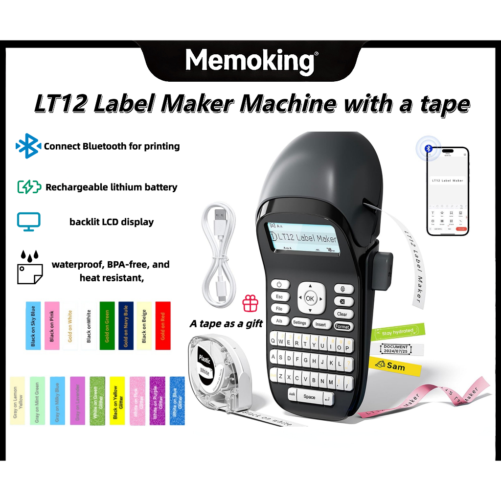 Phomemo LT12 เครื่องทําฉลากพร้อมเทป เครื่องทําฉลากแบบชาร์จไฟได้พร้อมฉลากกันน้ํา