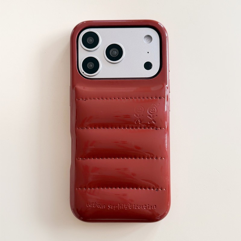 สีน้ําตาลสี PUFFER สําหรับ iPhone 13 14 15 16 17 Pro Max 17Pro หรูหราสีทึบหนังลงเสื้อแจ็คเก็ตเคลือบเงากันกระแทกรวมทุกอย่างปกหลัง