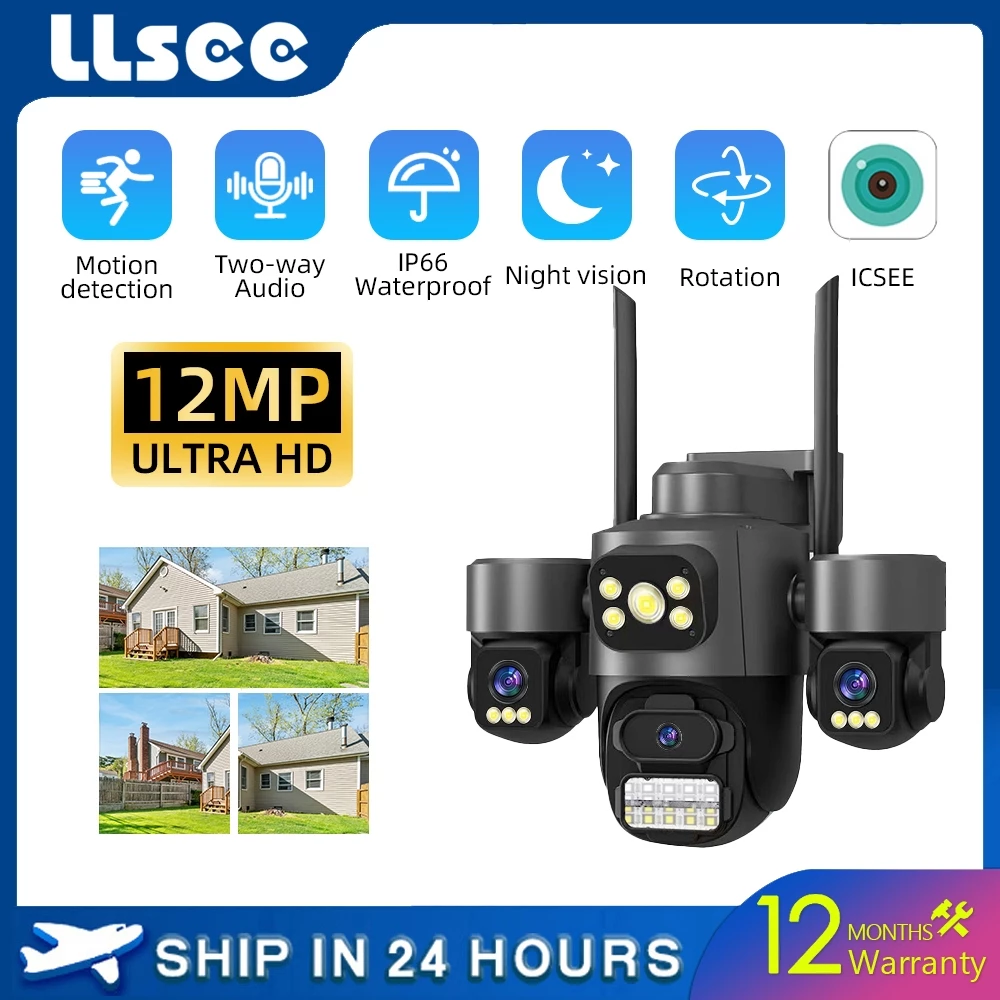 LLSEE ICSEE 3 กล้อง 3 ภาพ 6K HD 12MP CCTV ไร้สาย wifi กลางแจ้งกันน้ำ AI ตรวจจับ การติดตามการเคลื่อนไหว การมองเห็นยามค่ำคืนแบบสี 360 กล้องวงจรปิด แจ้งเตือน โทรสองทาง