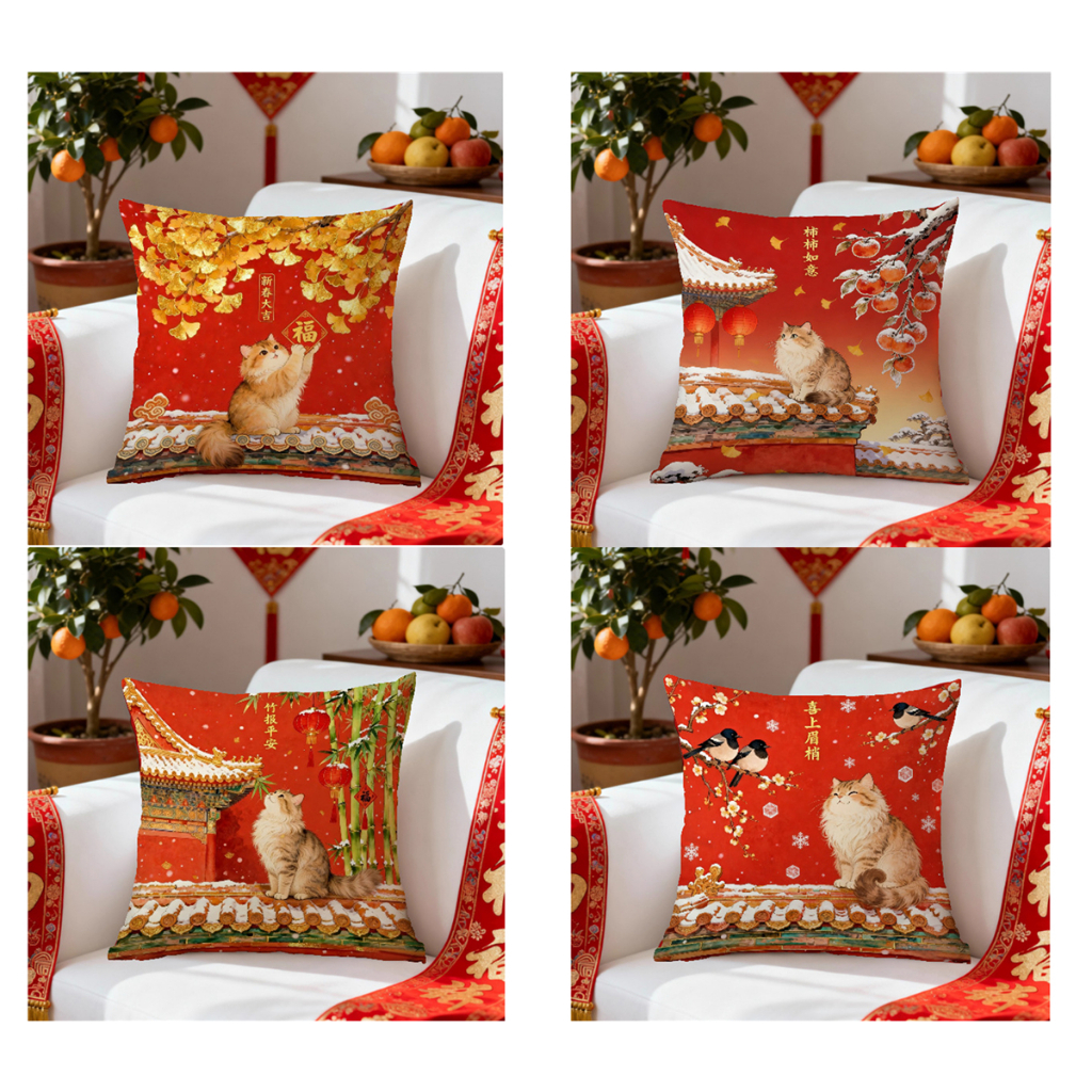 45×45.Gold cat ปีใหม่ bless หมอนผ้าฝ้าย CNY ตกแต่งห้องนั่งเล่นโซฟาปลอกหมอน