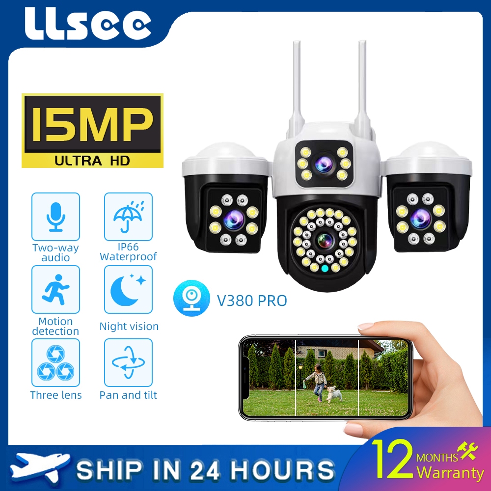 LLSEE V380 สามเลนส์ 5K 15MP HD การเชื่อมต่อไร้สายกลางแจ้ง WIFI กล้องวงจรปิดกันน้ำ AI ตรวจจับการเคลื่