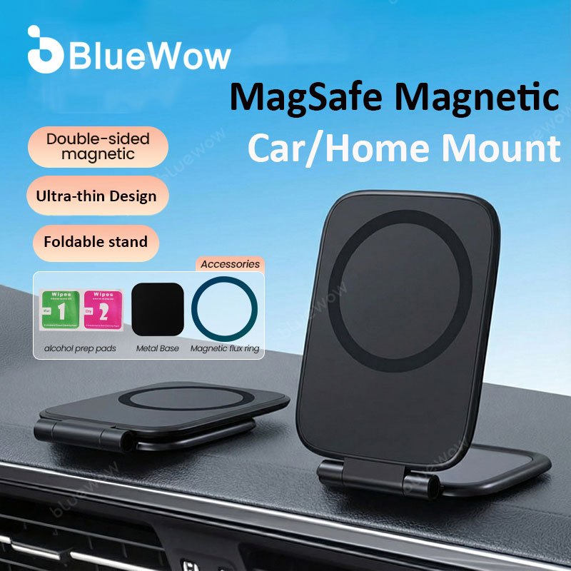 ที่วางโทรศัพท์แม่เหล็กโลหะ BlueWow – ขาตั้งแม่เหล็กแบบพับได้บางเฉียบ, รองรับเดสก์ท็อป/ในรถยนต์, แรงแม่เหล็กอันทรงพลังเป็นพิเศษ