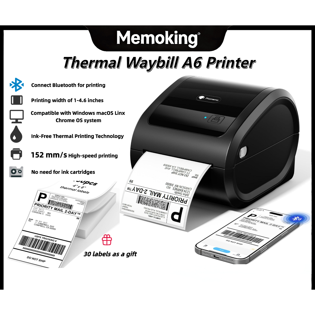 Phomemo D520BT Thermal Waybill A6 Printer + 30 ป้าย, เครื่องพิมพ์ฉลาก 4X6 นิ้วสําหรับ shopee TikTok 