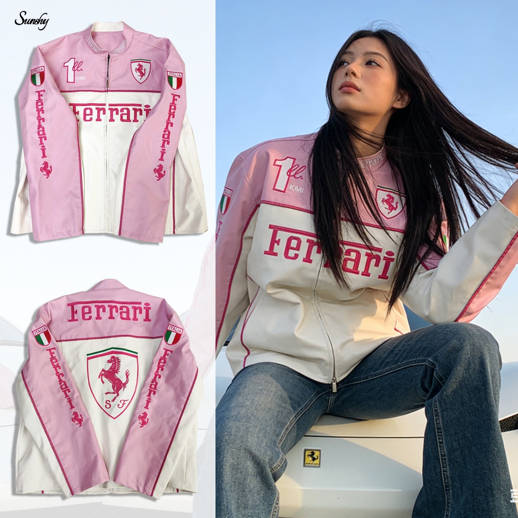 F1 Ferrari เสื้อแจ็กเก็ตหนัง racing ผู้หญิง ปักลาย สีชมพู ทรงหลวมโอเวอร์ไซส์ กันลม ขี่มอเตอร์ไซค์ มีซิป