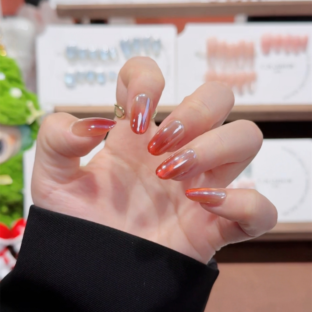 T035 เล็บปลอมสําเร็จรูป เจลแท้ ทำด้วยมือ 10 ชิ้น/กล่อง ซอสน้ำทับทิม สวมง่าย ใช้ซ้ำได้ แถมฟรีชุดอุปกรณ์+กล่องเก็บเหล็ก