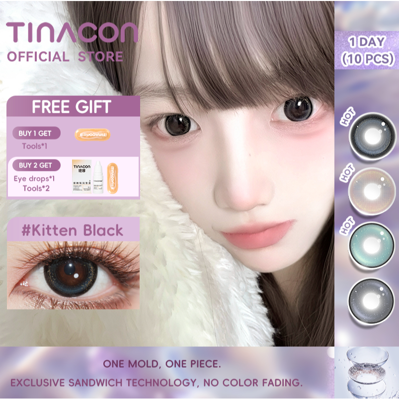 TINACON คอนแทคเลนส์ 10ชิ้น(5คู่) DIA14.4-14.5 1วัน สายตาสั้น 【0.00-8.00】ตาตุ๊กตา สีดำ/สีเทา/สีชมพู