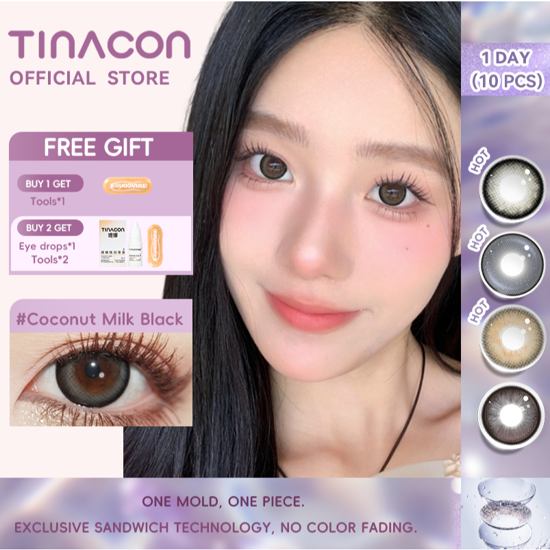 TINACON คอนแทคเลนส์ 1วัน 10ชิ้น(5คู่) DIA14.4/14.5มม บิ๊กอาย สายตาสั้น 【0.00-8.00】ธรรมชาติ ใส่สบาย