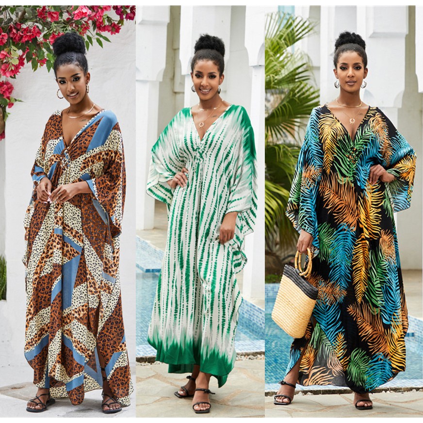 พิมพ์ Maxi Dress Boho ถักด้านหน้า V คอ Tunic Kaftans ผู้หญิงแขนยาวลายบิกินี่ Cover Ups