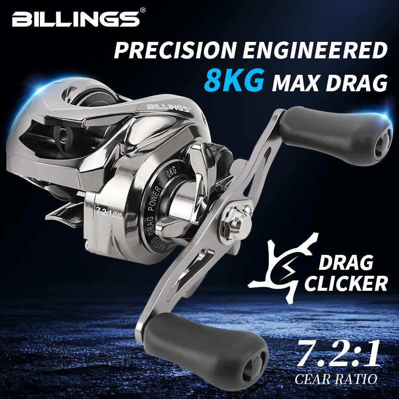 รอกตกปลา BILLINGS แบบ Baitcasting เกรดน้ำเค็ม พร้อมอัตราทด 7.2:1 และ.ball bearings สามารถลากได้ถึง 8