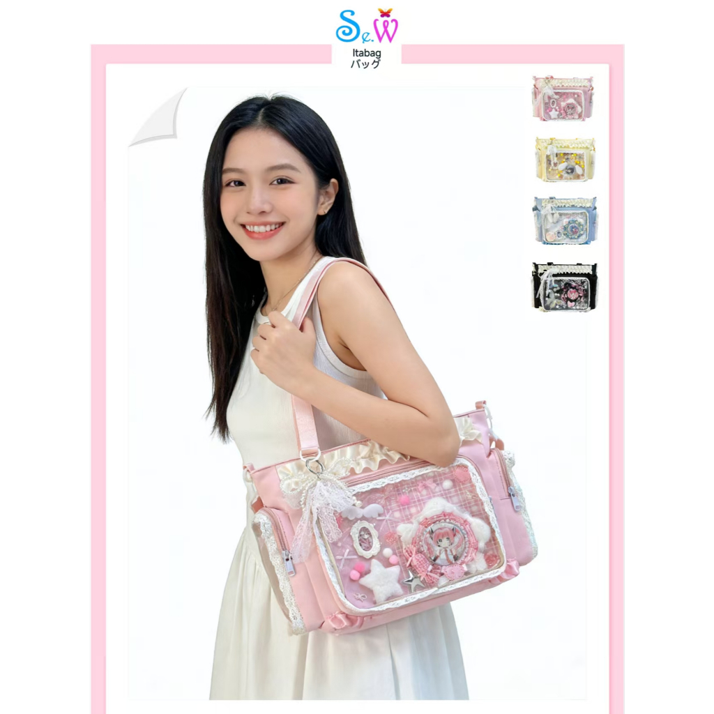 [พร้อมที่จะจัดส่ง] Se.W Itabag Women Bag กระเป๋าสะพายข้างผู้หญิง วิทยาลัย ความจุมาก ลายปักปวดลูกไม้ ของขวัญสำหรับเธอ Nylon
