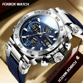 FOXBOX จอแสดงผลคู่ นาฬิกาผู้ชาย นาฬิกาข้อมือควอตซ์ดิจิทัล LED หน้าปัดขนาดใหญ่ 46 เมตร ลําลอง กันน้ำ ซิลิโคน นาฬิกาข้อมือ LIGE Watch For Men