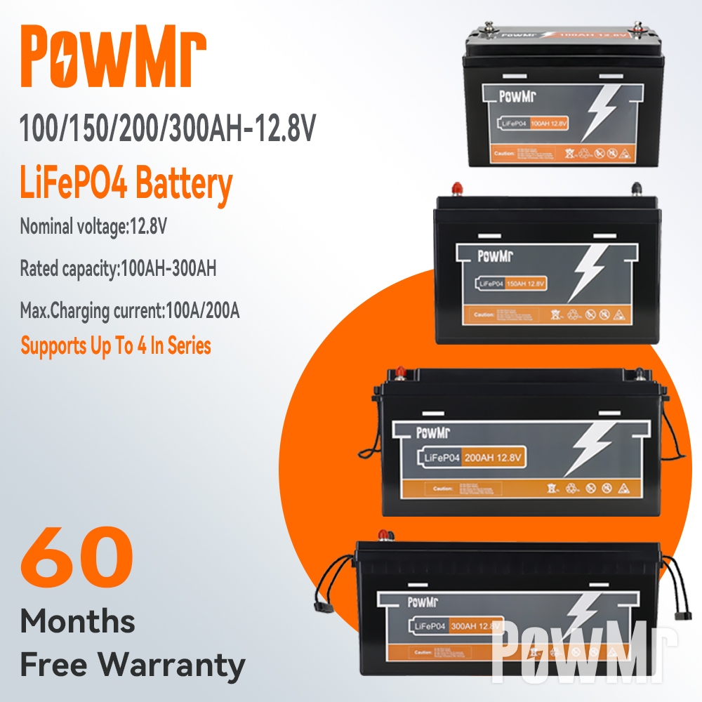 PowMr 100AH-300AH แบตเตอรี่ LiFePo4 แบตเตอรี่แสงอาทิตย์ 12-24V Ebike แบตเตอรี่รถยนต์ที่มีประสิทธิภาพสูงในการป้องกัน BMS พลังงานจริง 100% สามารถใช้ได้ถึง 2 ชุดหน่วย