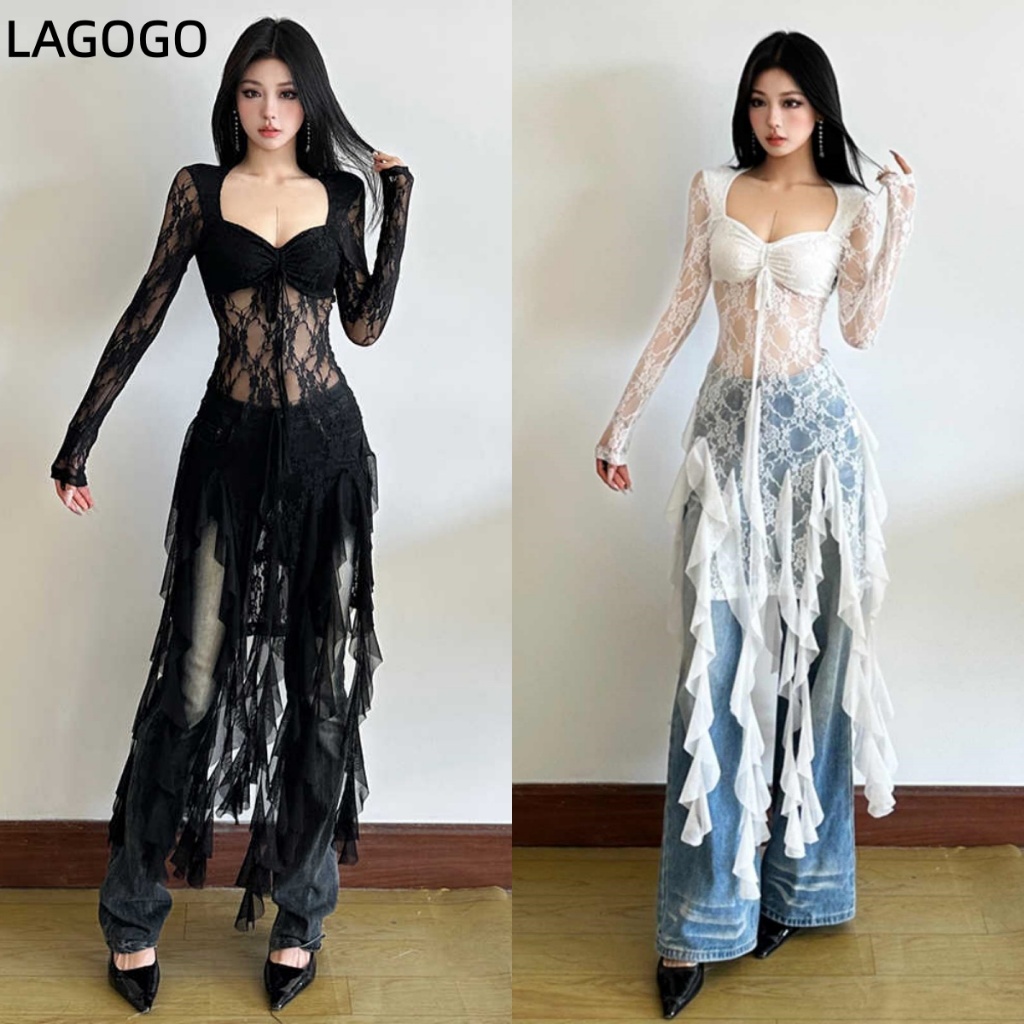ซีทรูลูกไม้เก๋ริบบิ้นเย็บสแควร์คอแขนยาวเสื้อยืดผู้หญิง ผอมลง ดู โวลต์