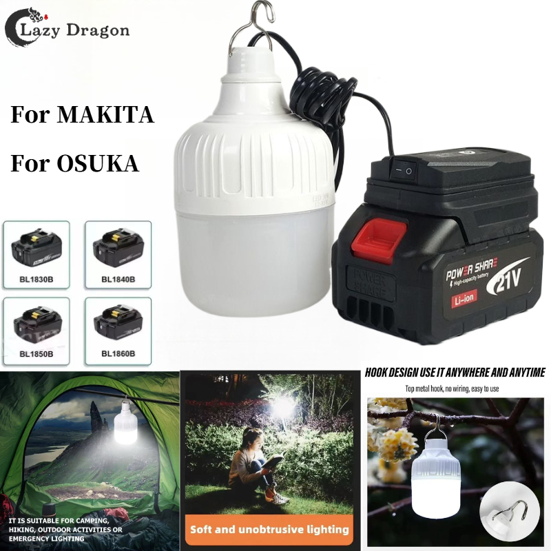 แบตเตอรี่ลิเธียมฉุกเฉินสำหรับ MAKITA/OSUKA/KELAT/TANZU กับหลอดไฟพกพา ใช้กลางแจ้ง เค้มปิง และตกปลาง่ายๆ