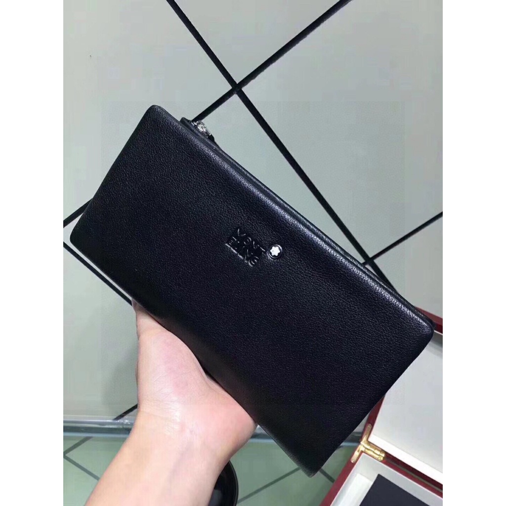 Second-Hand Brand New Montblanc Mens Handbag Double Zipper Wallet Clutch Black Cowhide First-Class F