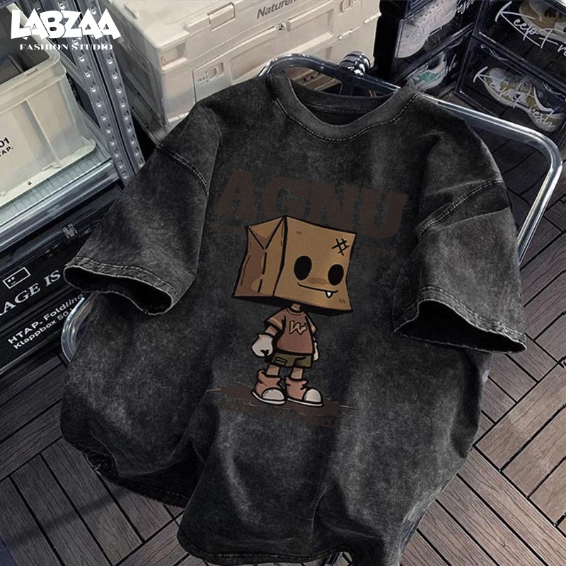 เสื้อยืดคอกลมแขนสั้น สไตล์วินเทจล้างฟอก ผ้าฝ้าย ตัวละครน่ารัก  ทรงหลวม ใส่สบาย ไม่ต้องรีด YG1138