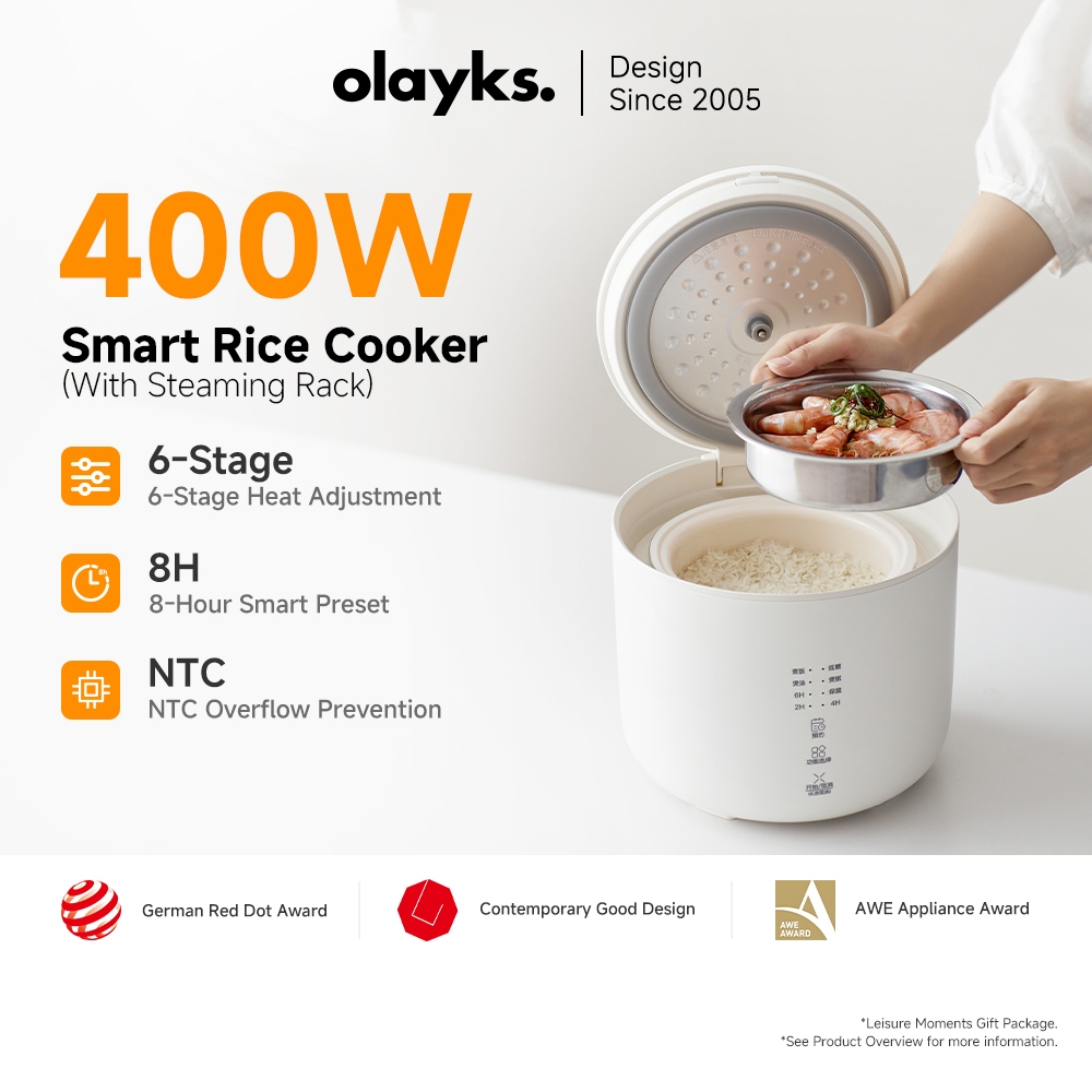Olayks หม้อหุงข้าวขนาดเล็กพกพา 2L (หุงได้ 5 ถ้วย) พร้อมตะแกรงนึ่งสแตนเลส 304 กำลังไฟ 400W ระบบกันติด 6 โปรแกรมทำอาหาร หุงเร็ว ตั้งเวลาล่วงหน้า 24 ชม. & ระบบอุ่นต่อเนื่อง