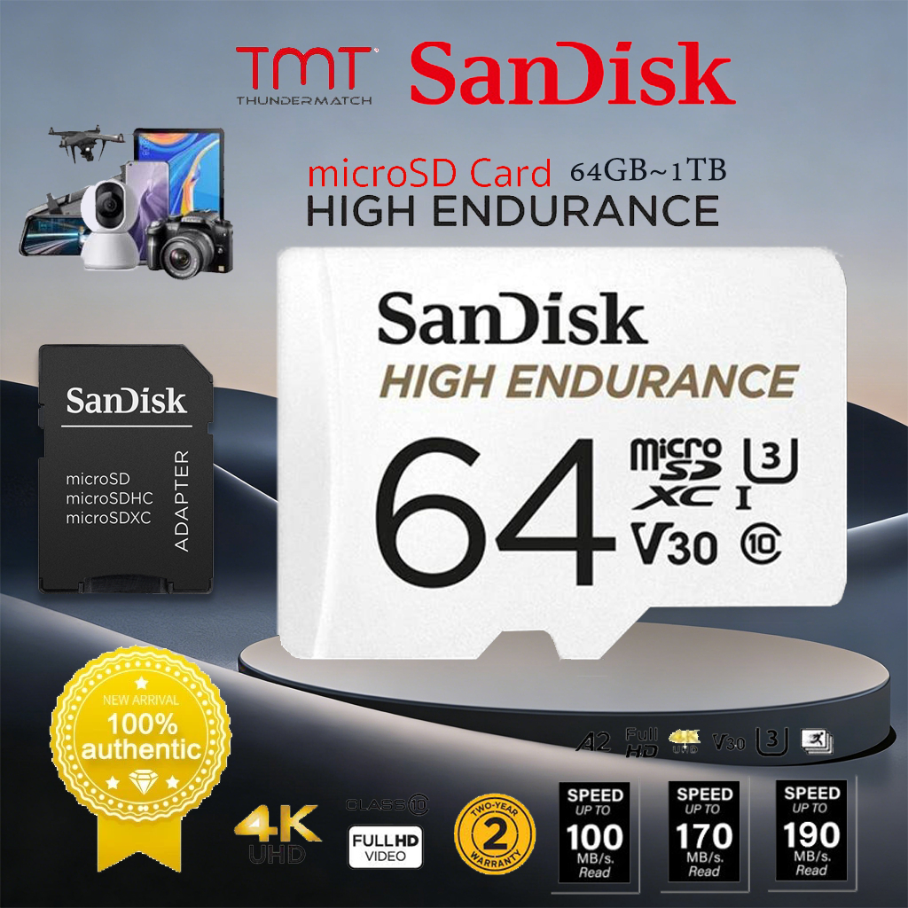 SanDisk High Endurance microSD 64GB (SDSQQNR-064G-GN6IA) สำหรับกล้องวงจรปิด ความเร็วสูงสุดอ่าน 100 MB/s เขียน 40 MB/s