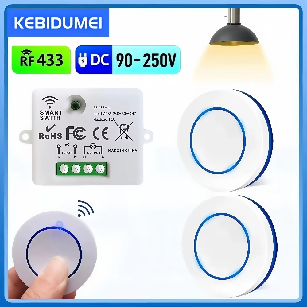 ใหม่ RF 433MHz รีโมทคอนโทรลไร้สายสวิตช์ไฟ 220V 110V 10A รีเลย์ตัวรับสัญญาณ Mini รอบปุ่มแผงผนังสําหรับหลอดไฟ LED