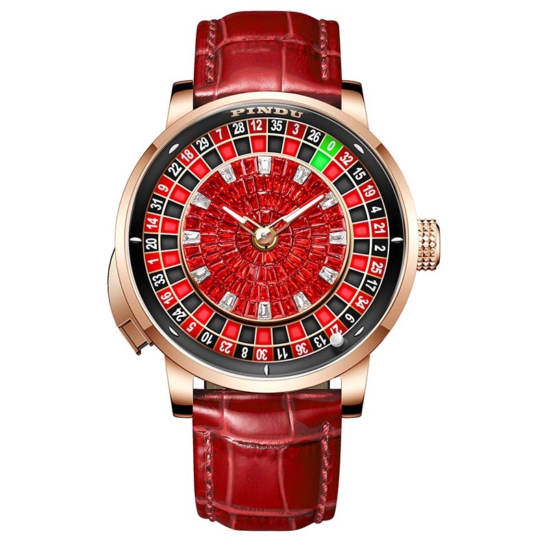 PINDU 6628 ผู้ชาย Casino Roulette หมุน Dial นาฬิกากลไกอัตโนมัติ Full Zircon Iced Out กันน้ํา