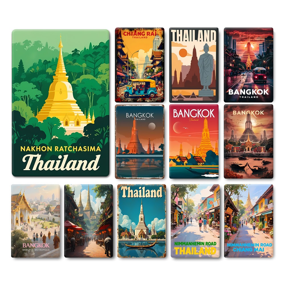ภาพวาดตกแต่งสไตล์ไทยเก๋ๆ ป้ายโลหะเมืองไทยสมัยใหม่ ภาพวาดตกแต่งแบบไร้กรอบ ขนาด 20*30 ซม. สำหรับร้านค้าและโรงแรม