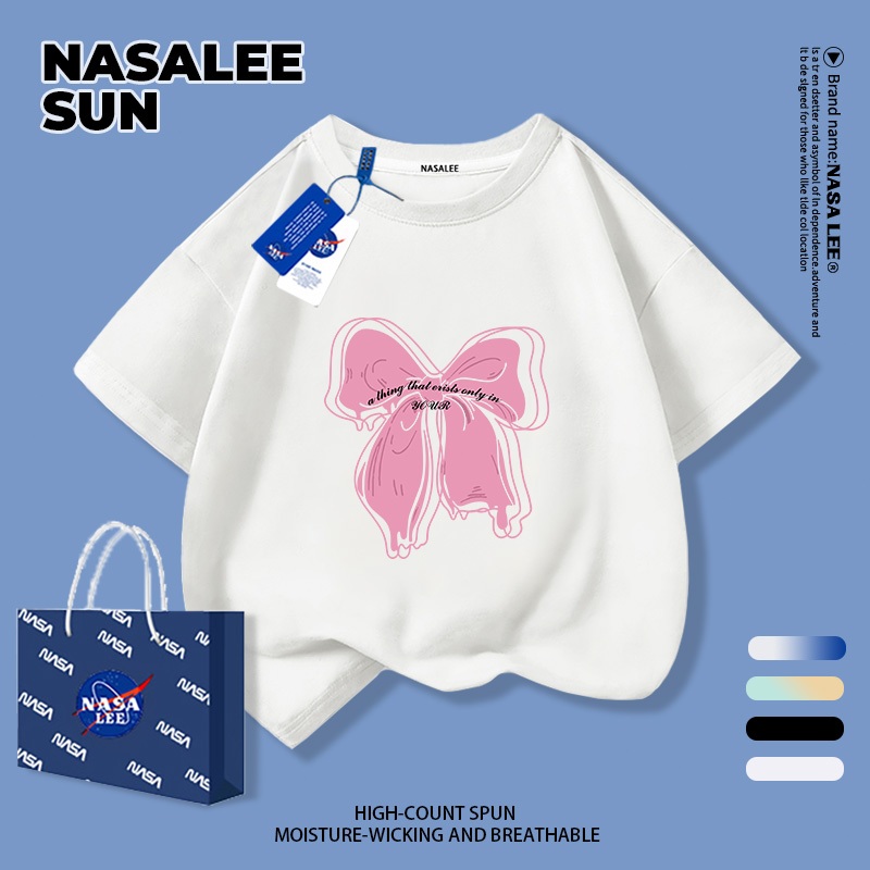 【จัดส่งภายใน 48 ชั่วโมง】เสื้อยืดแขนสั้นเด็ก NASA ผ้าฝ้ายสีขาวนุ่มสบาย ลายพิมพ์โบว์ สำหรับเด็กชาย-เด็กหญิงอายุ 3-16 ปี เสื้อยืดปีใหม่