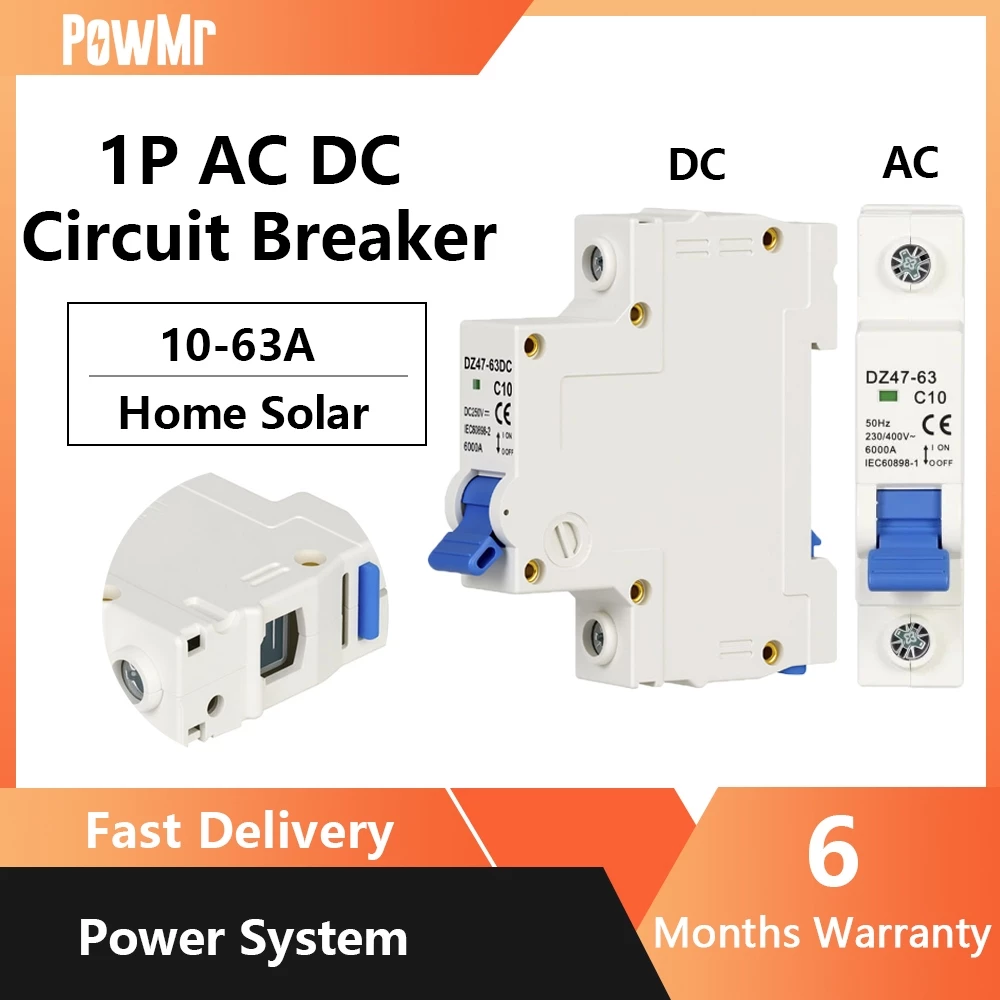 PowMr 10A -63A AC และ DC Circuit Breaker Miniature Safety Breaker สําหรับพลังงานแสงอาทิตย์สวิทช์ 1POLE Din Rail โลหะ Groove Flame-Retardant วัสดุ