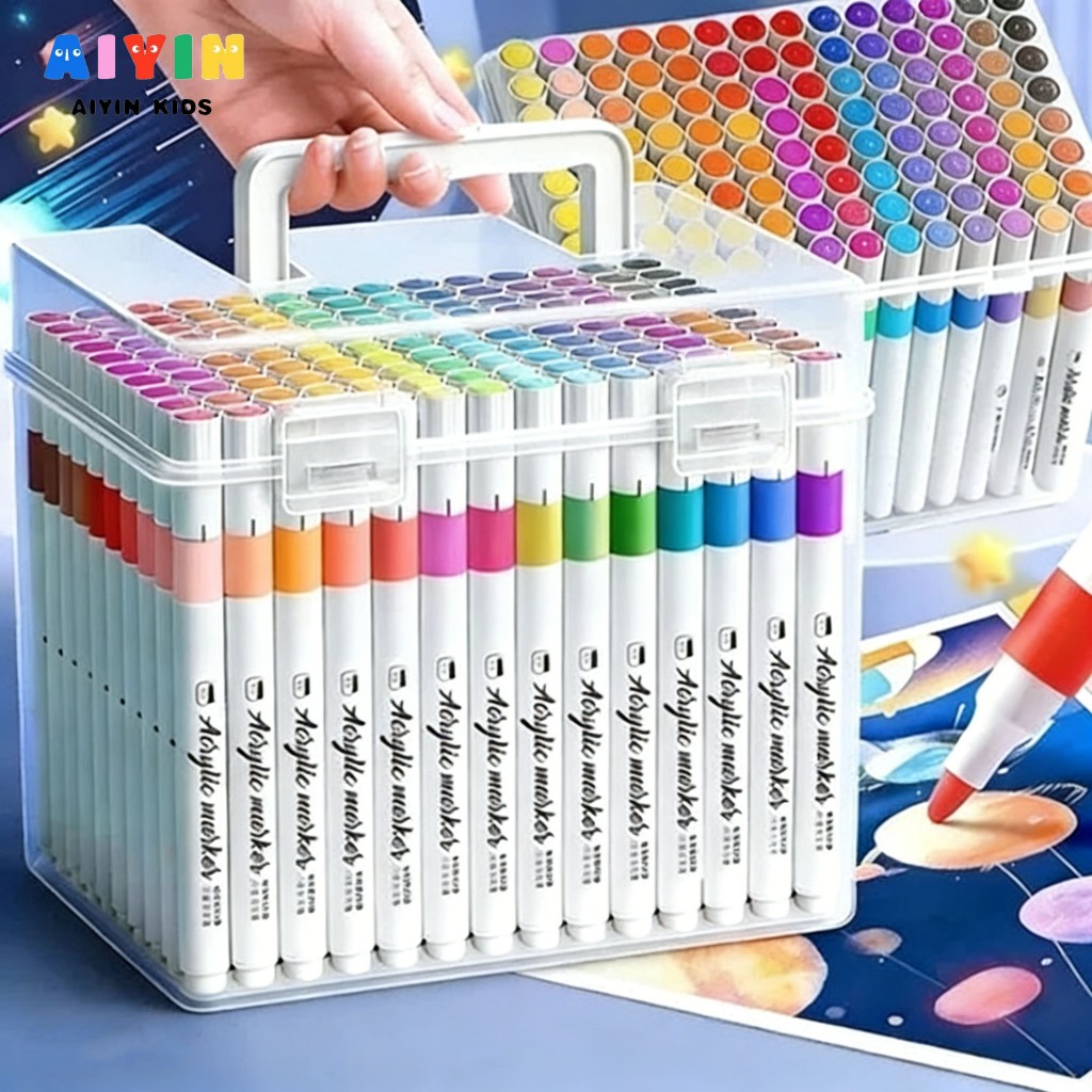 AIYIN 120pcs ชุดสีอะคริลิก อุปกรณ์ศิลปะกันน้ำ ชุดปากกาสีสำหรับเด็ก