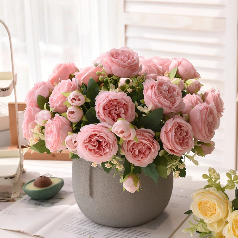 ดอกไม้ประดิษฐ์ผ้าไหม Rose Peony ช่อดอกไม้ 5 หัว 4 Buds ที่สมจริงปลอมพืชความงามงานแต่งงานบ้านห้องนั่งเล่นตกแต่งโต๊ะ DIY Party Arrangement