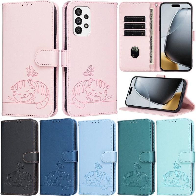 SAMSUNG หรูหราสําหรับSamsung Galaxy A54 5G A34 A33 A53 A73 A52 A72 A52s A22 5G A12 A32 4G A32 5G A22 4Gแมวรูปแบบกระเป๋าสตางค์สายรัดข้อมือหนังขาตั้งป้องกันกรณี