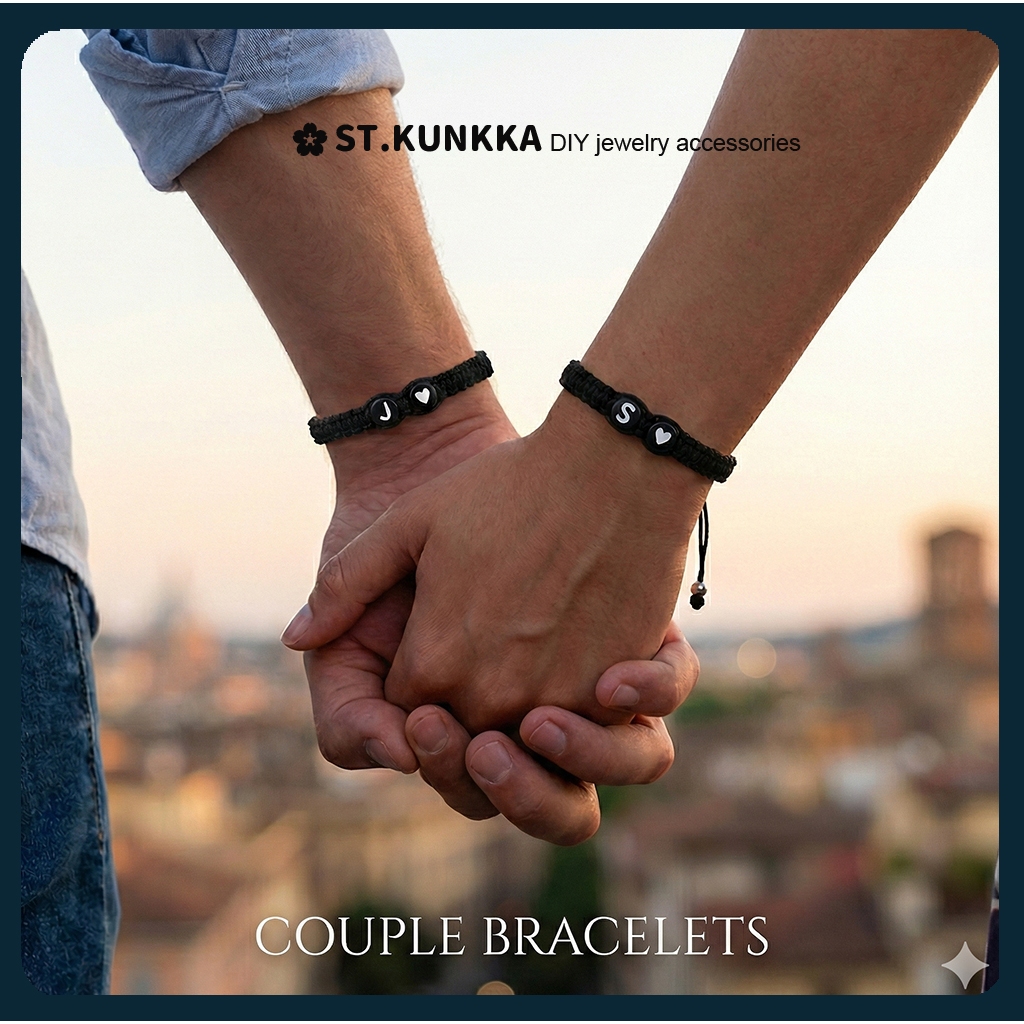 St.kunkka เชือกถักสีดํา A-Z สร้อยข้อมือตัวอักษรปรับได้ Simple Love สร้อยข้อมือคู่แฟนสร้อยข้อมือ