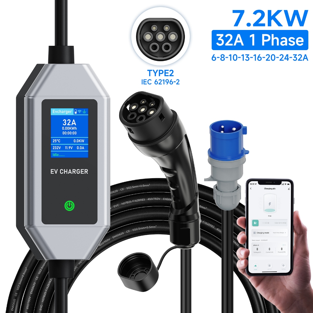 AFYEEV Type2 แบบพกพา EV Charger 7KW 32A Surety ชาร์จ 5 M สาย Wallbox CEE ปลั๊ก WIFI APP บลูทูธควบคุม