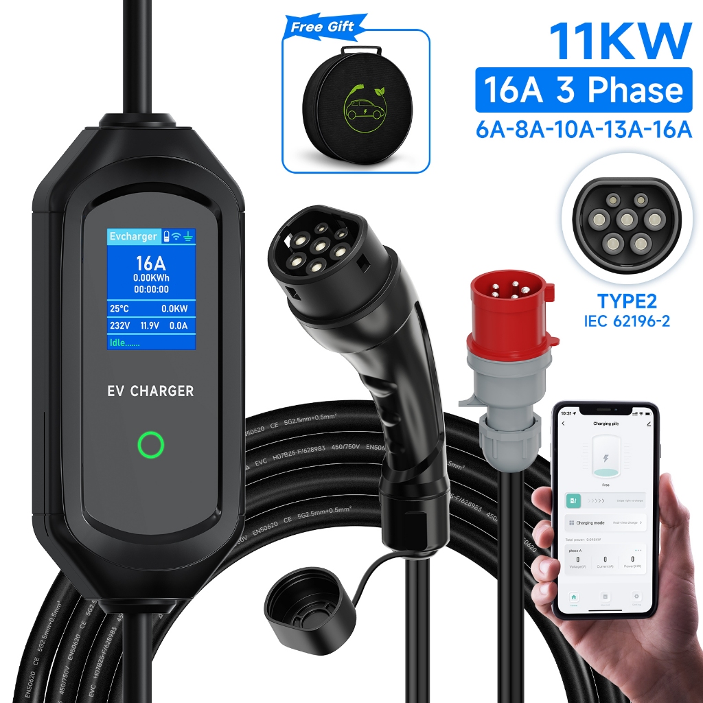AFEEV 11KW แบบพกพา EV Charger Type2/GBT 16A 3Phase ไฟฟ้ารถ Fast สายชาร์จ EVSE Wallbox CEE ปลั๊ก WiFi APP ควบคุม