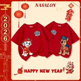 จัดส่งทันที×ถึงใน 2 วัน เสื้อตรุษจีน เสื้อยืดเด็กแขนสั้น สีแ…