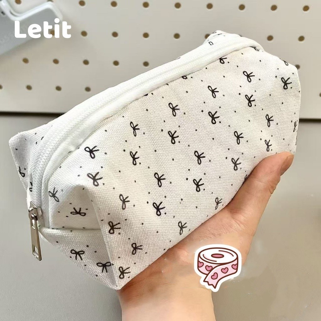 Letit | แฟชั่นความเรียบง่ายกระเป๋าดินสอสีเบจสีดําโบว์กรณีดินสอความจุขนาดใหญ่ถุงเก็บเครื่องเขียนอุปกร