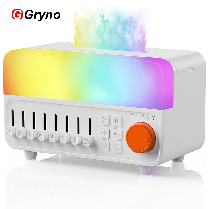 Gryno 4-in-1 Essential Oil Diffuser พร้อม Bluetooth Aroma Humidifier 7 สี Fireplace เปลวไฟสีขาวเสียงรบกวน Ultrasonic Air Diffuser พร้อมตัวจับเวลาสําหรับบ้าน,ห้องนอน,สํานักงาน,โยคะ