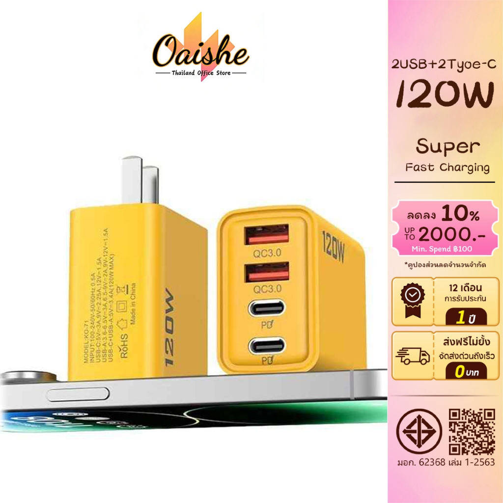 OAISHE อะแดปเตอร์ชาร์จโทรศัพท์มือถือ 4-in-1 USB Type C QC 3.0 120W เครื่องชาร์จผนัง USB C 4 พอร์ตสถานีชาร์จแบบพกพา