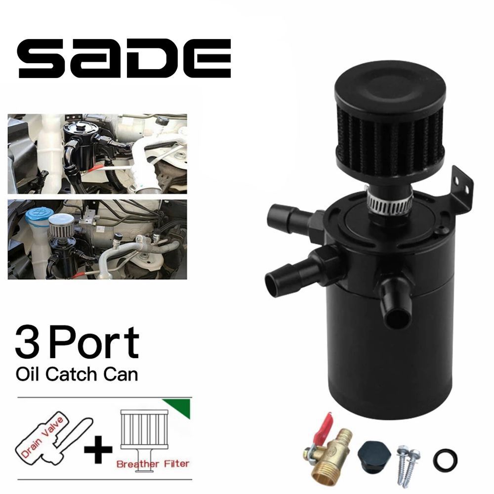 SADE Universal 2/3 Port Oil Catch Can With Breather Filter & Drain Valve Car Oil Separator Tank Kit